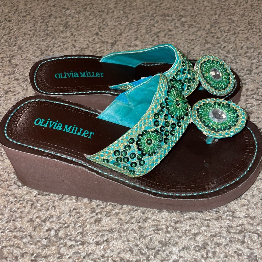Olivia Miller Teal and Brown Embellished Sandals - Picture 3 of 4